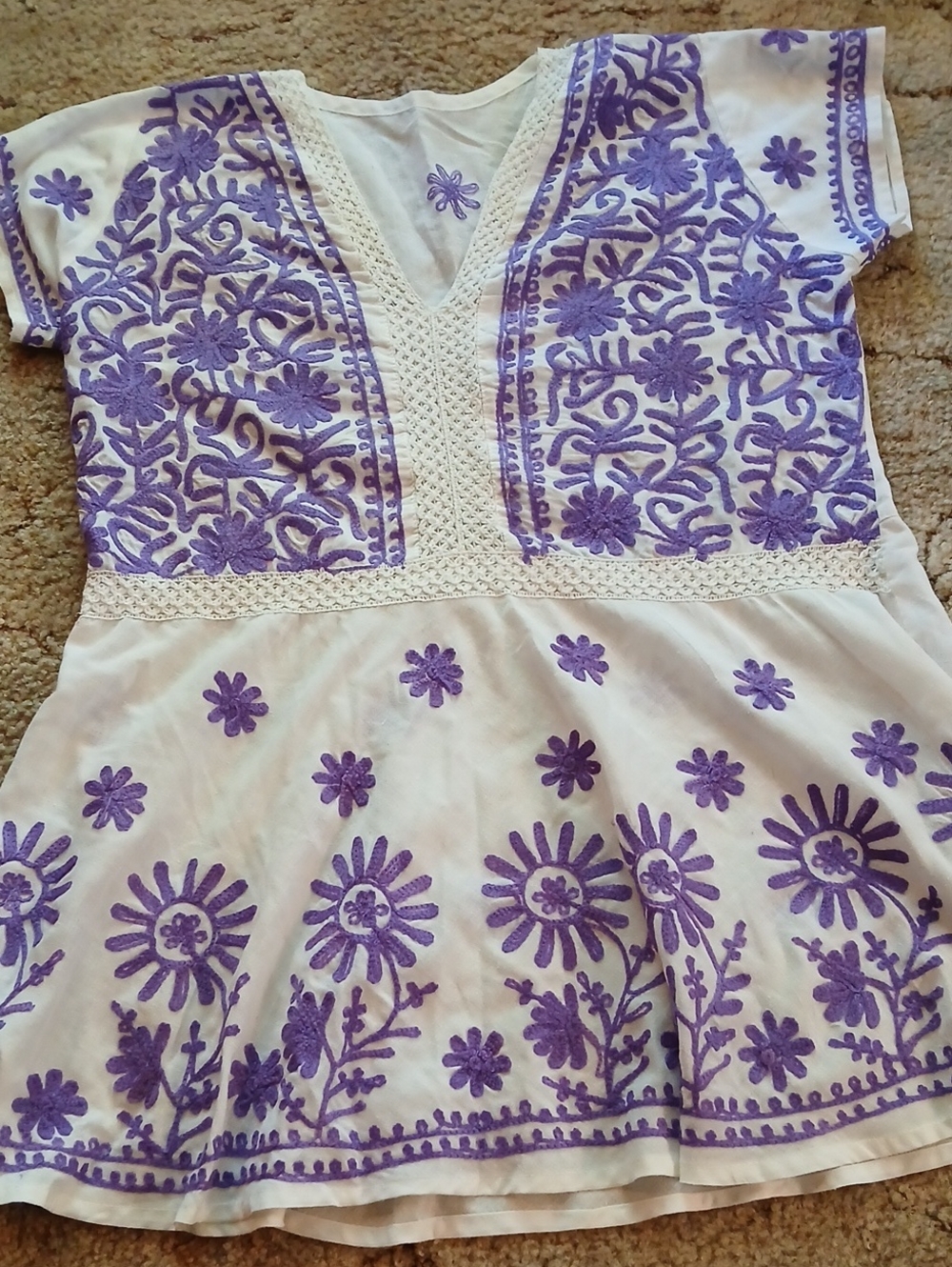 100% Cotton White with Lavender Embroidery Peplum Tunic.